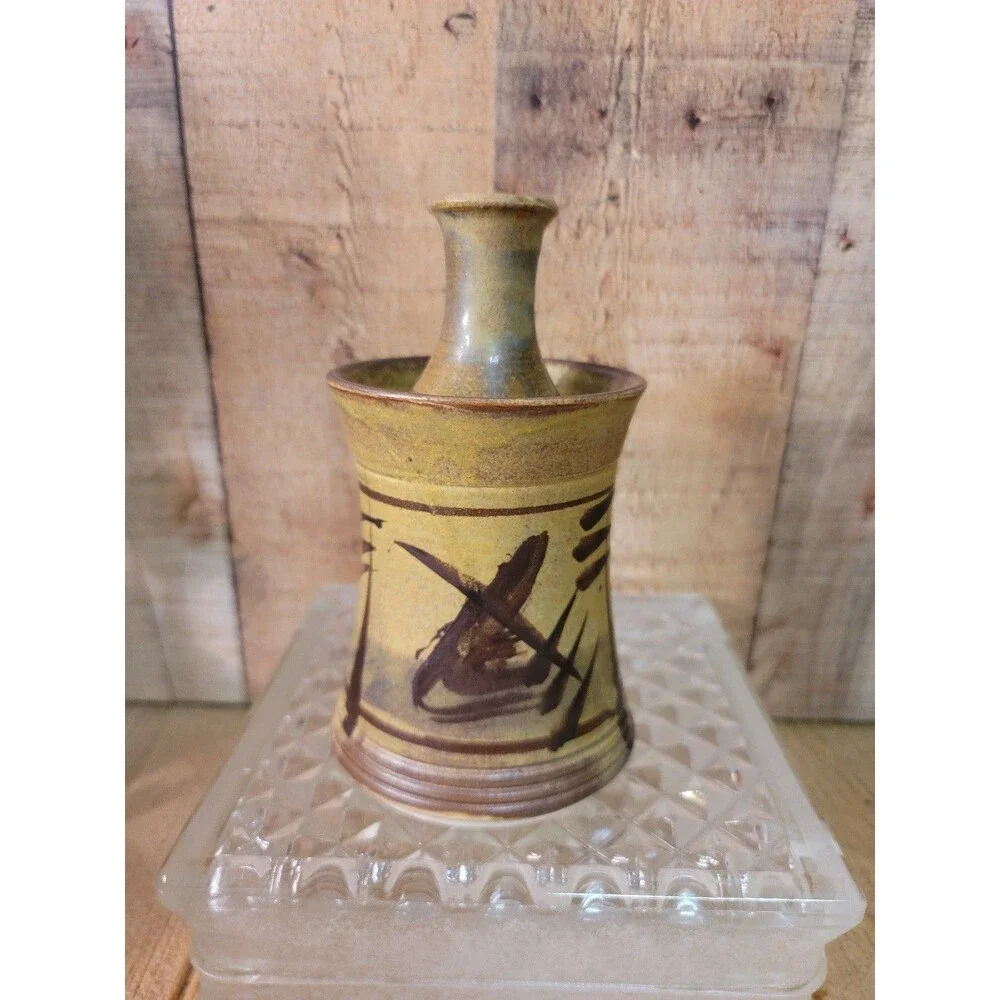 Asain Design Signed Candle Holder Pottery